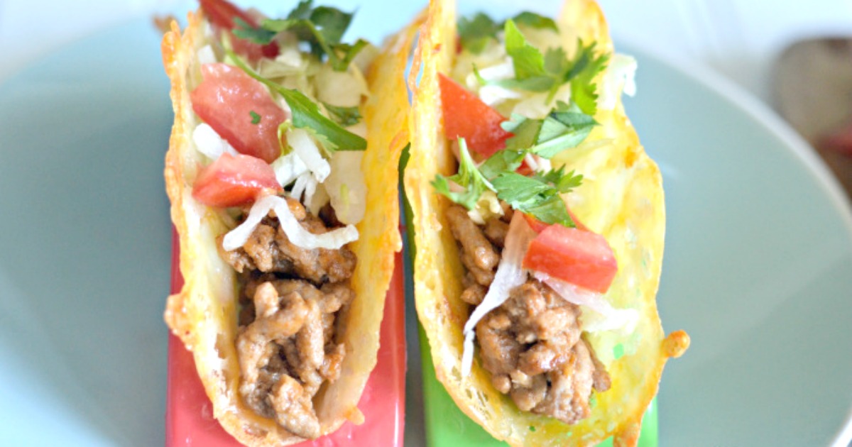 keto low-carb taco shells stuffed with meat on a plate