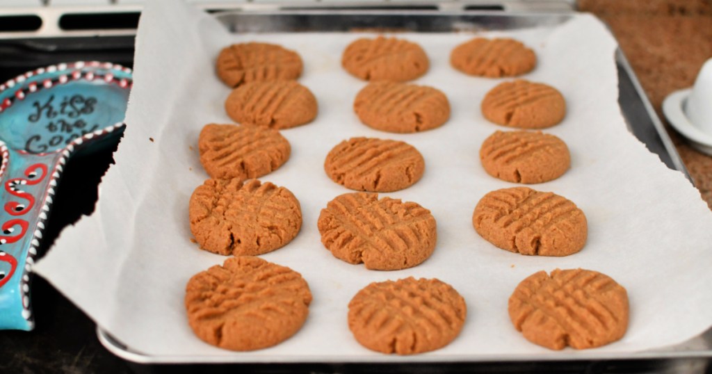 baking sheet with peanut butter cookies