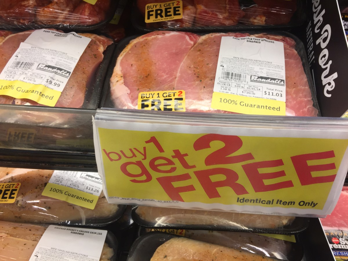 buy 1 get 2 free meat packaged promotion for the cheapest meat