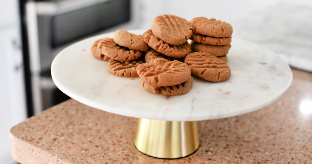 cake plate with keto peanut butter cookies