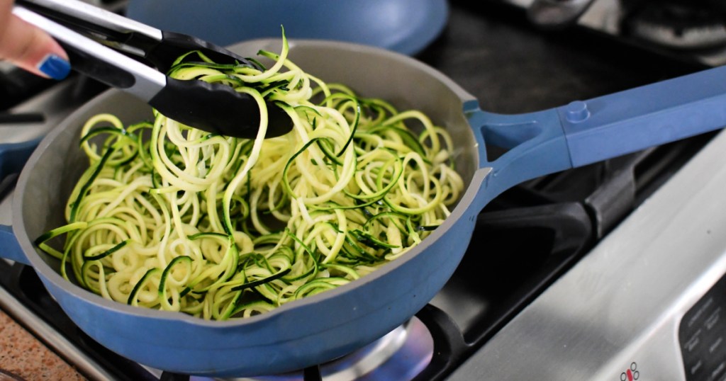cooking zoodles in a skillet