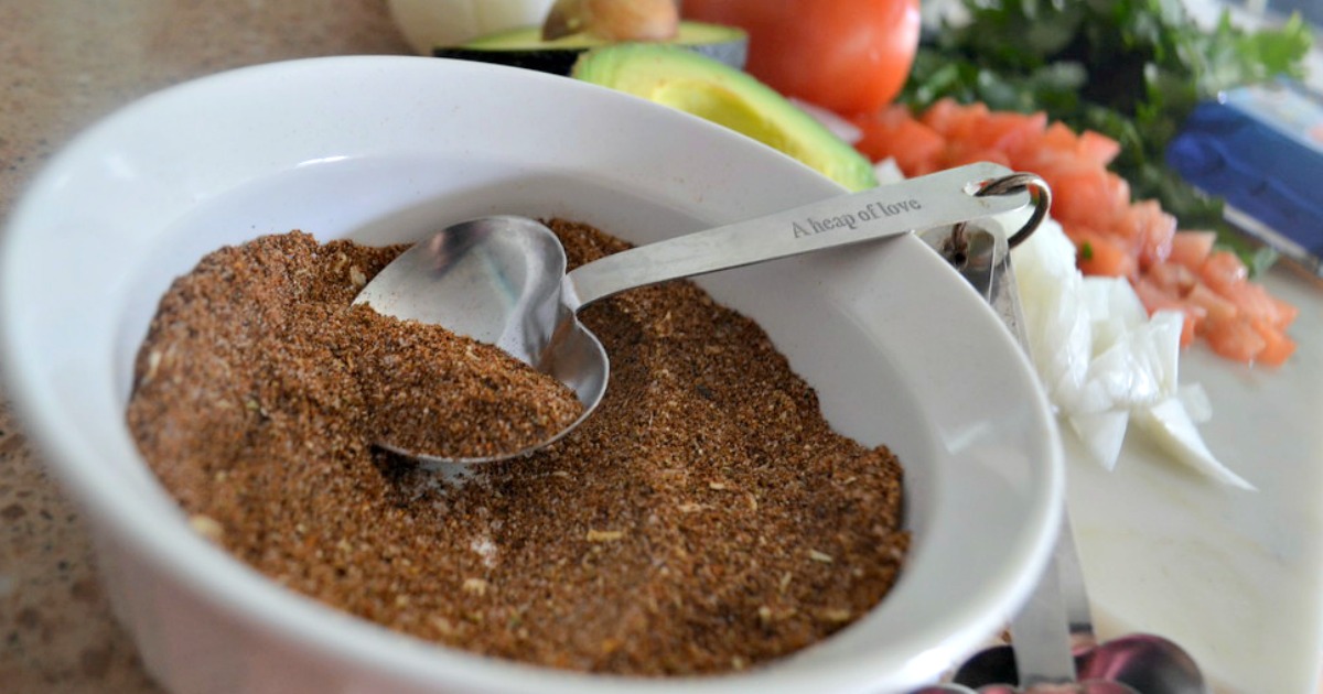 homemade taco seasoning recipe in a bowl with a spoon