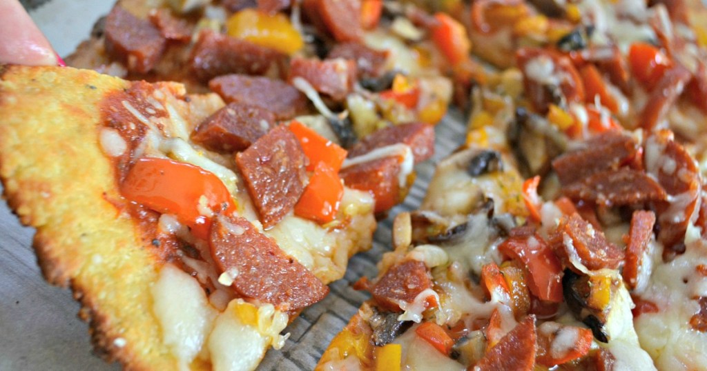 easy fathead pizza dough with all meat toppings and cheese 