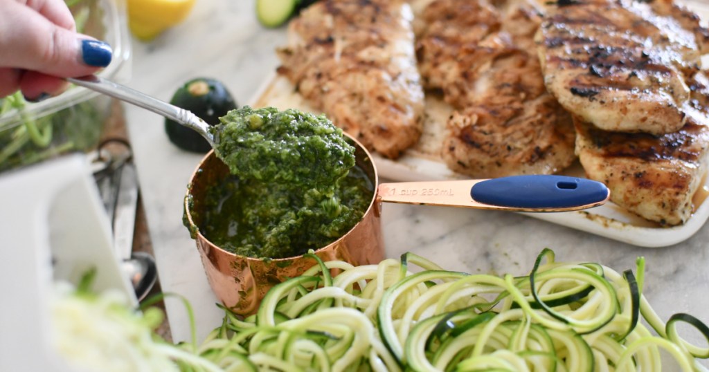 homemade pesto zucchini noodles and grilled chicken