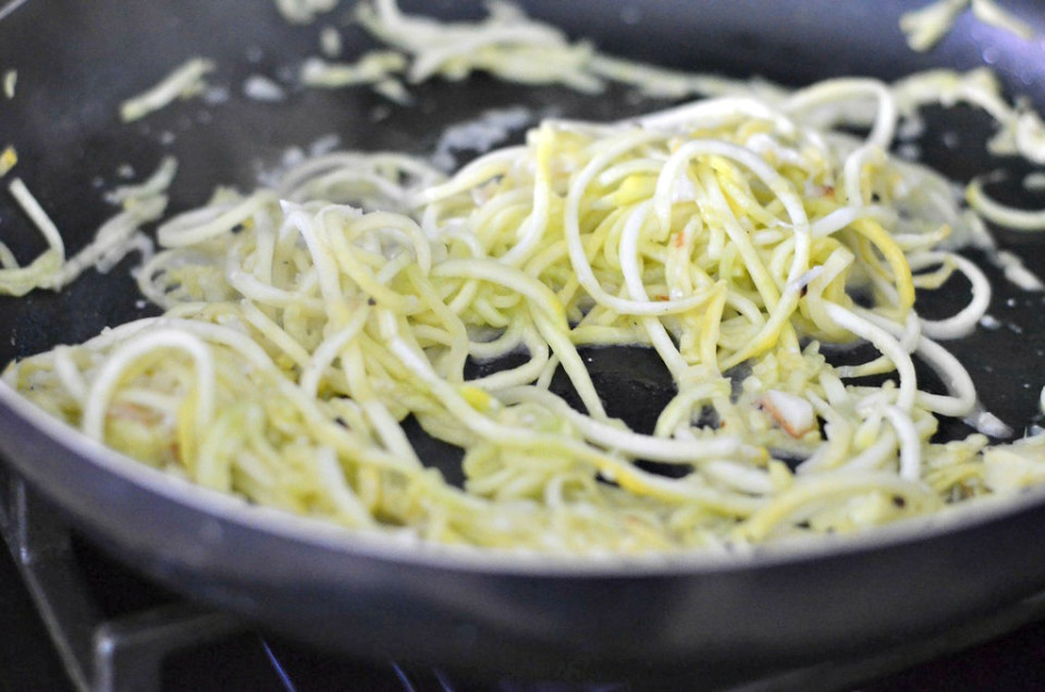 spiralized noodles in a pan 