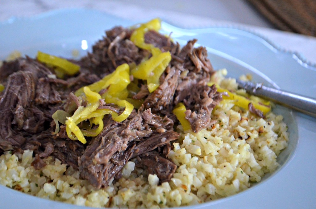 shredded italian beef over cauliflower rice 