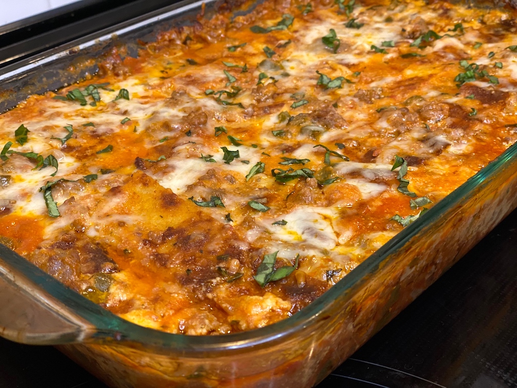 keto lasagna in casserole dish 