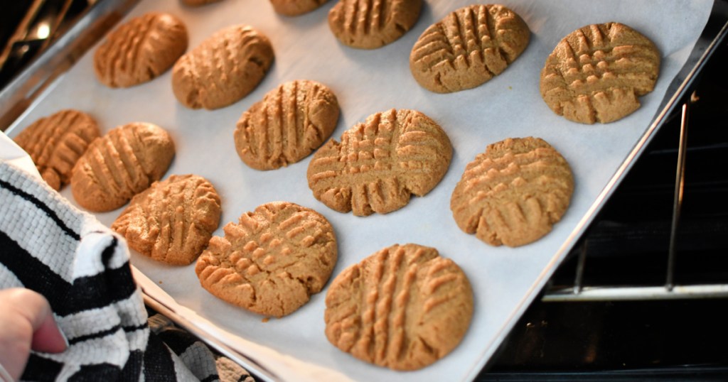 keto peanut butter cookies in the oven