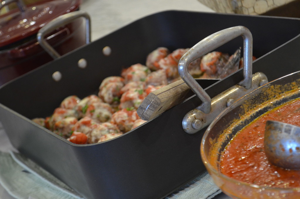 large pan filled with keto meatballs