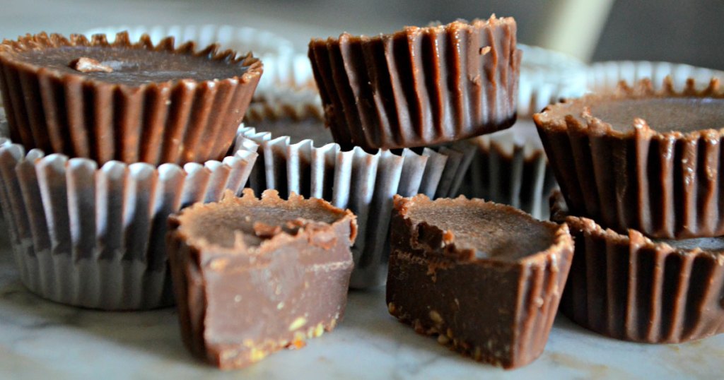 Almond Butter Reeses Fat Bombs Recipe - a stack of yummy fat bombs ready to eat