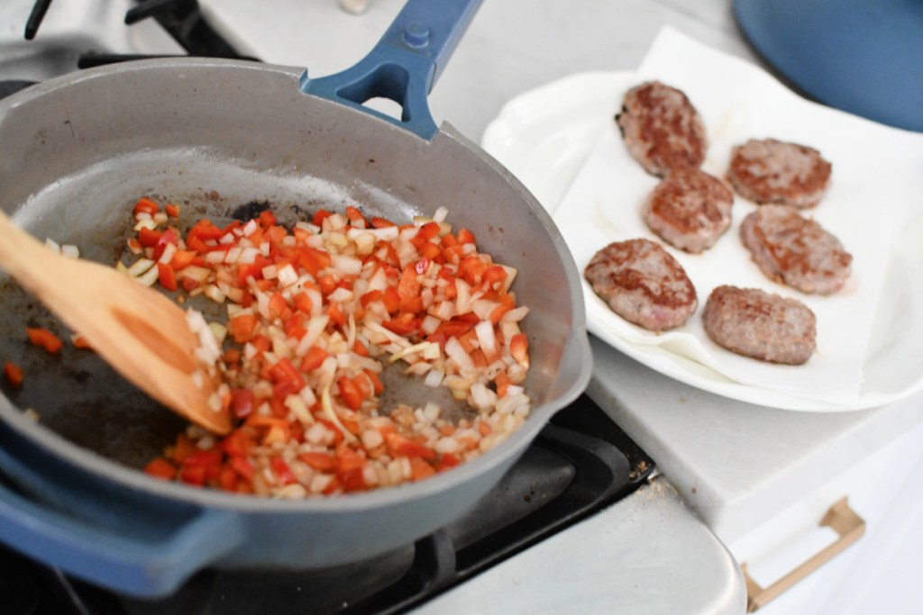 sauteed veggies and sausage patties