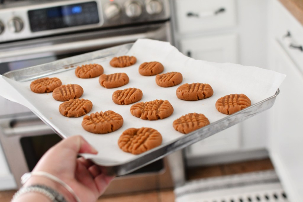 sheet pan with keto peanut butter cookies