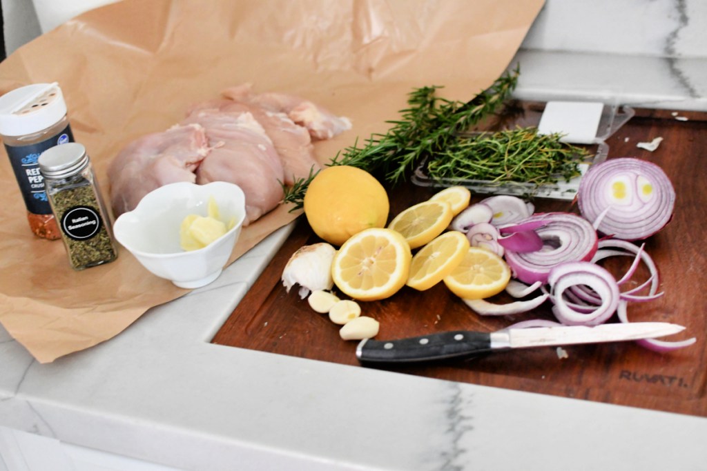 ingredients on the counter for roasted lemon chicken
