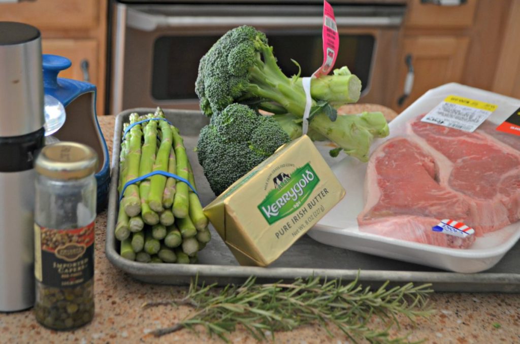 ingredients on sheet pan for keto steak dinner