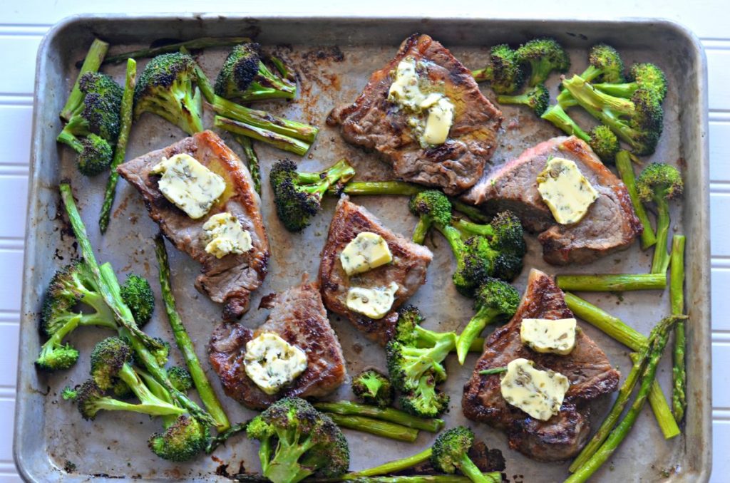 steak and veggies on a pan