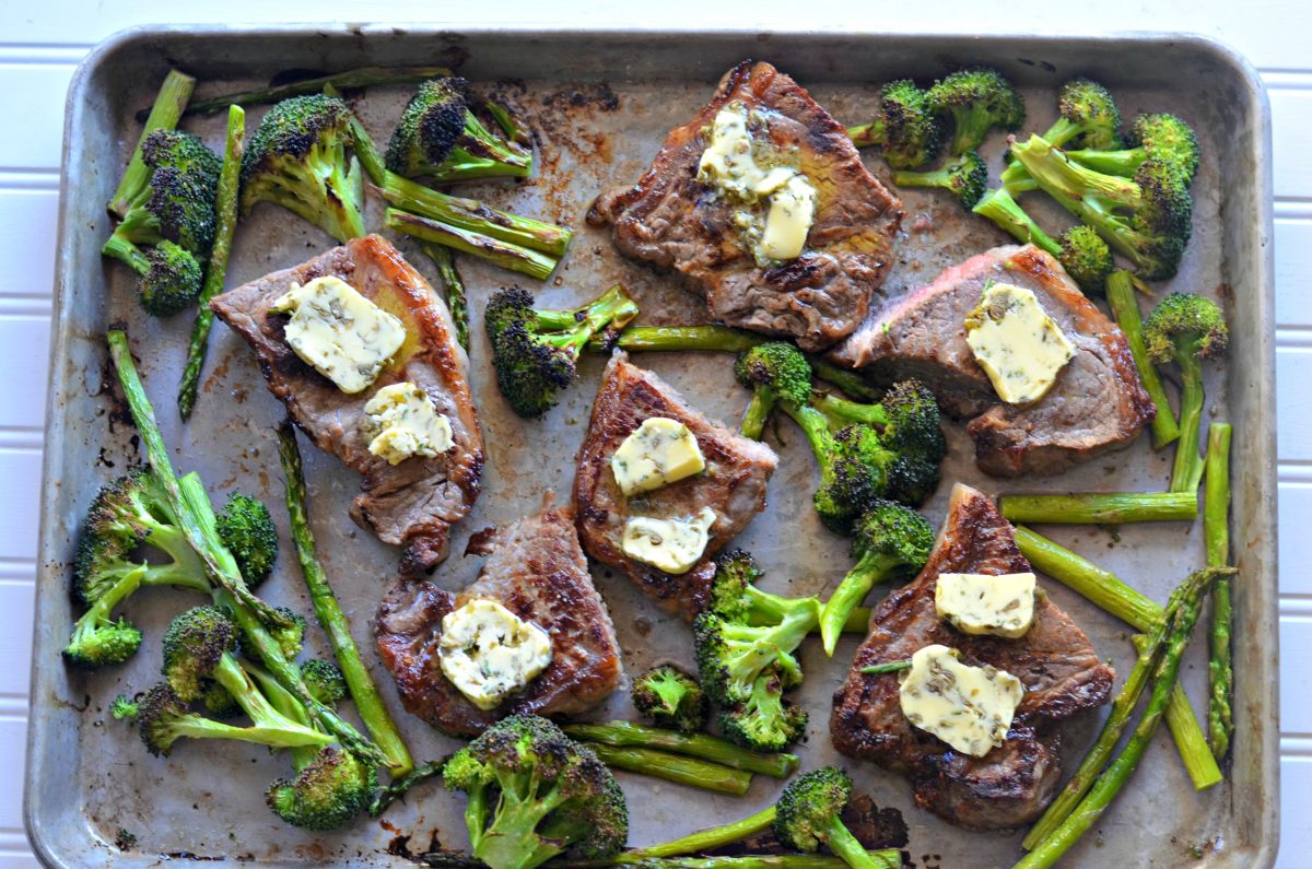 Keto Steak and Veggies Sheet Pan Dinner with Garlic Caper Butter