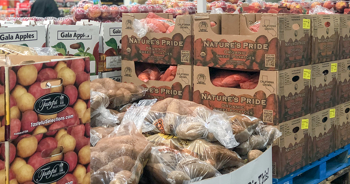 bags of potatoes on display at warehouse store