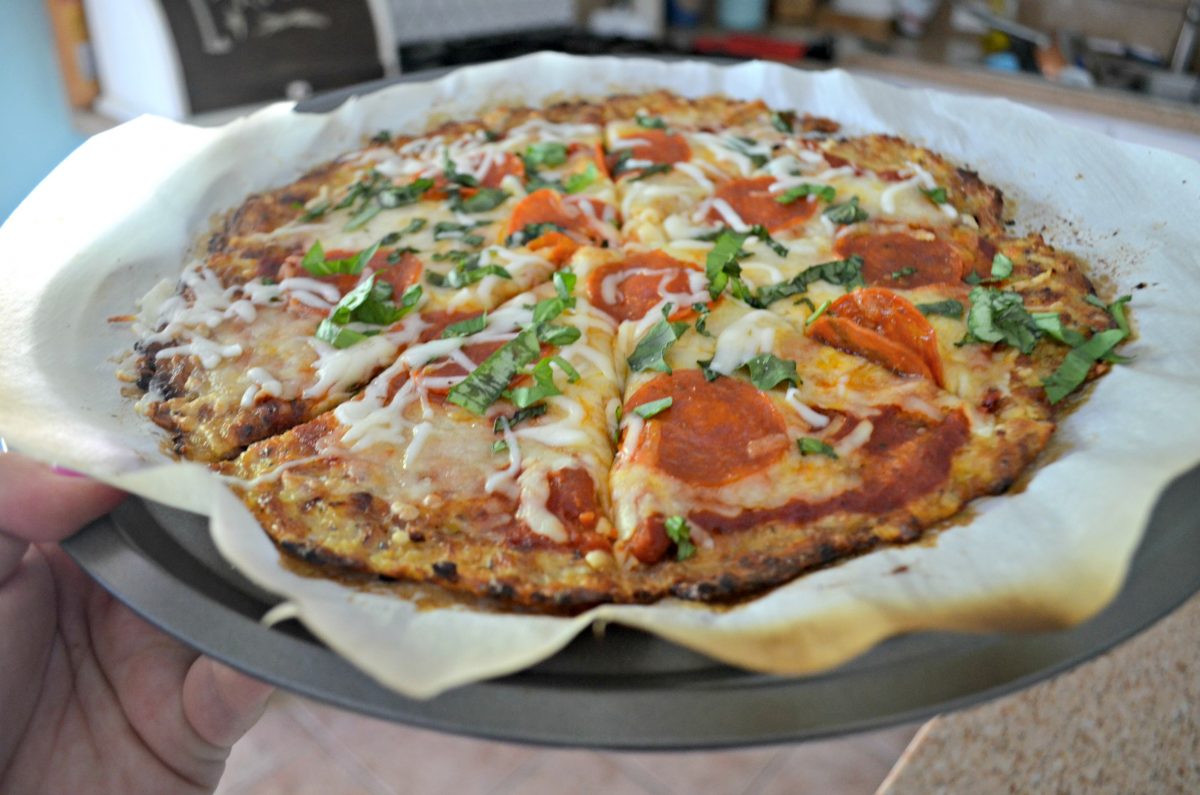 best cauliflower crust pizza recipe after baking in the pan