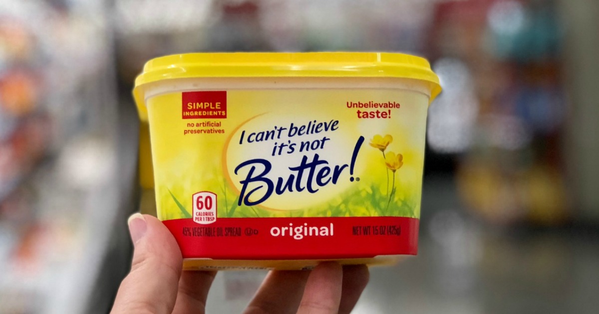 holding container of I Can't Believe It's Not Butter, one of the items on our list of what can't you eat on keto