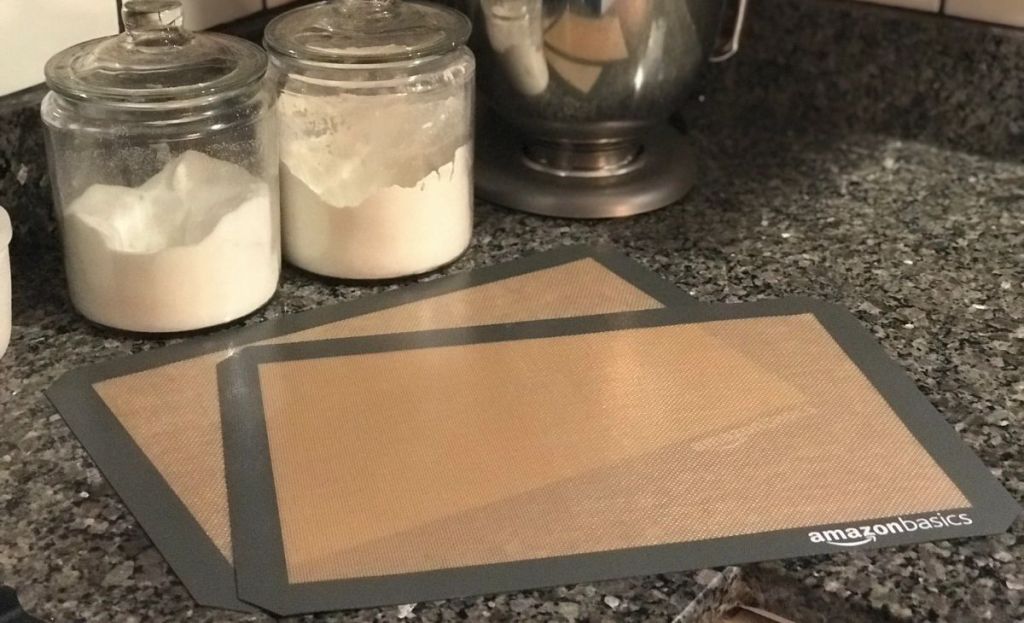 2 silicone baking mats on a kitchen counter