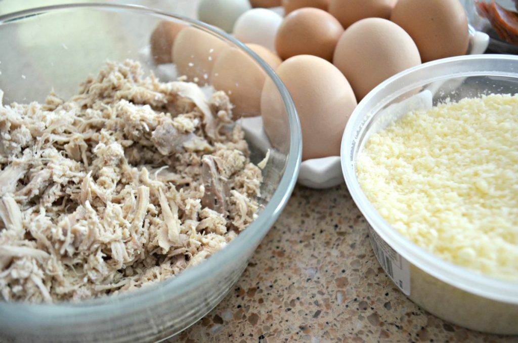shredded chicken, eggs, and parmesan cheese