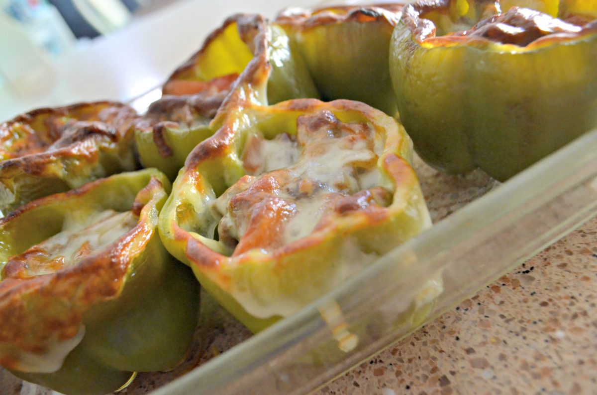 After baking, the cheese on the keto Philly Cheesesteak Stuffed Peppers will be golden like this.