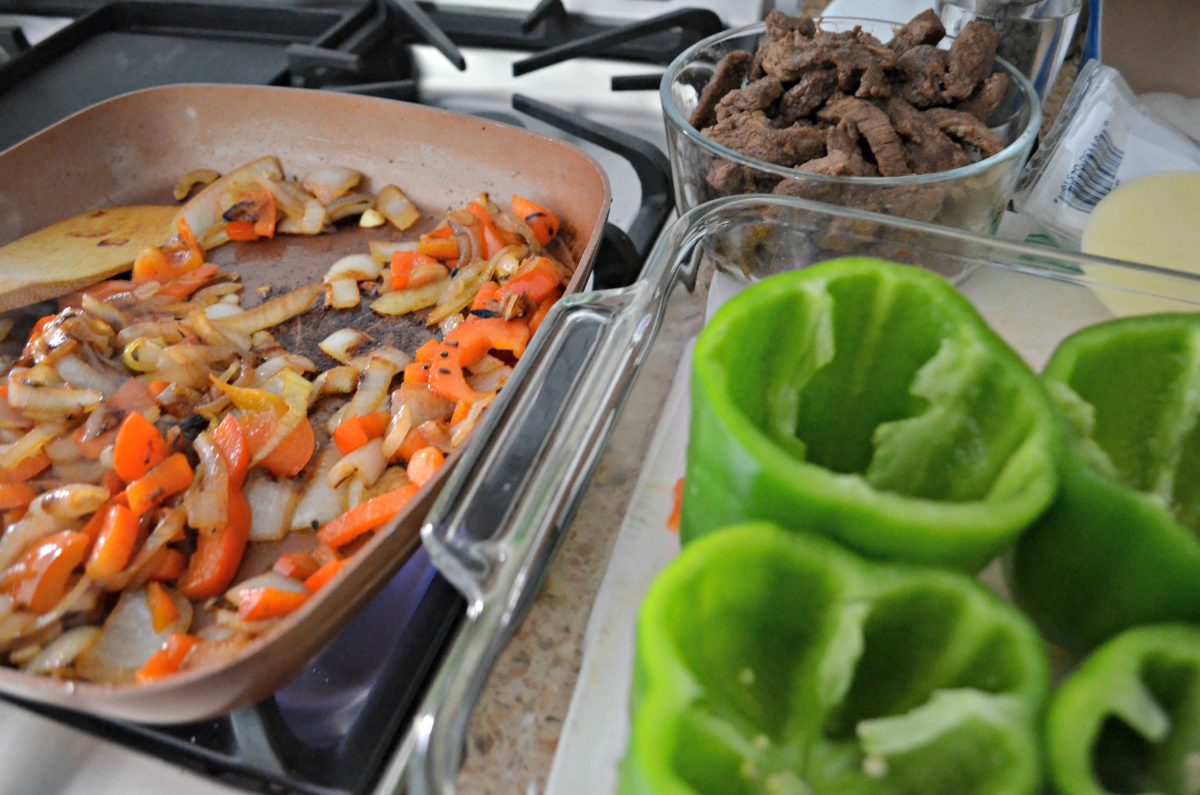 Preparing the meat and the vegetables before baking