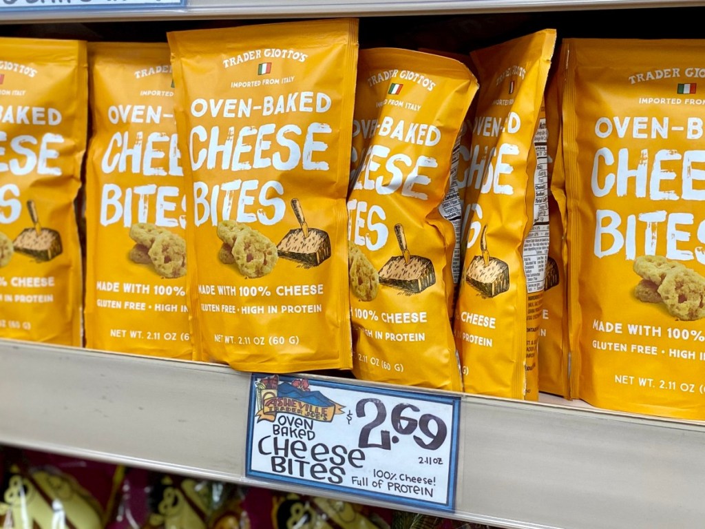 bags of cheese bites on a shelf at Trader Joe's