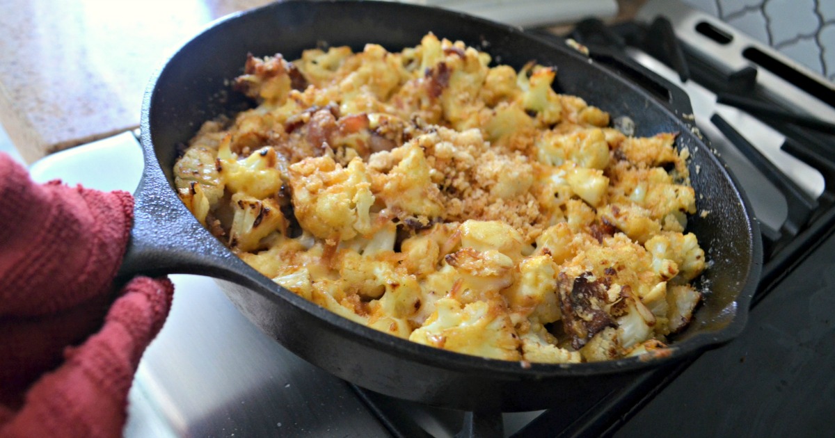 A cast iron skillet with keto mac and cheese
