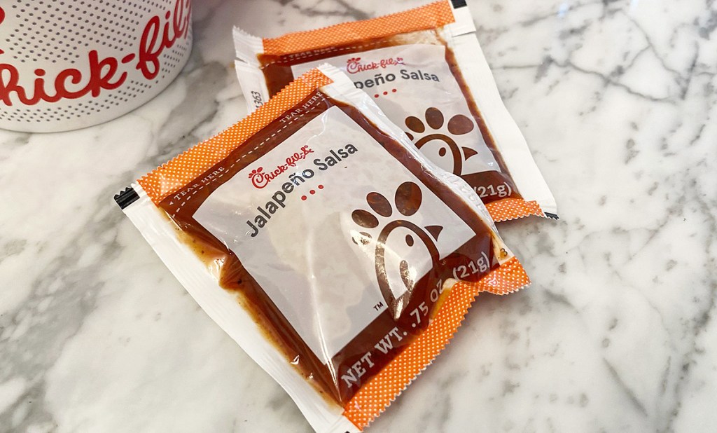 chick-fil-a salsa packets on counter