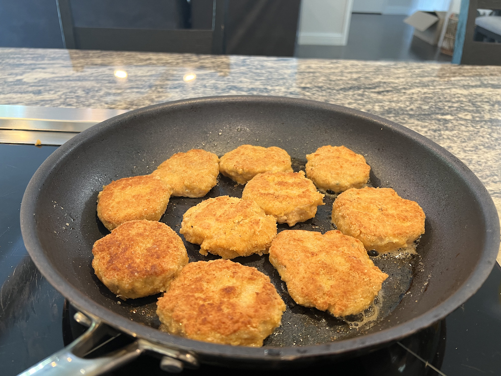 keto chicken nuggets in pan 