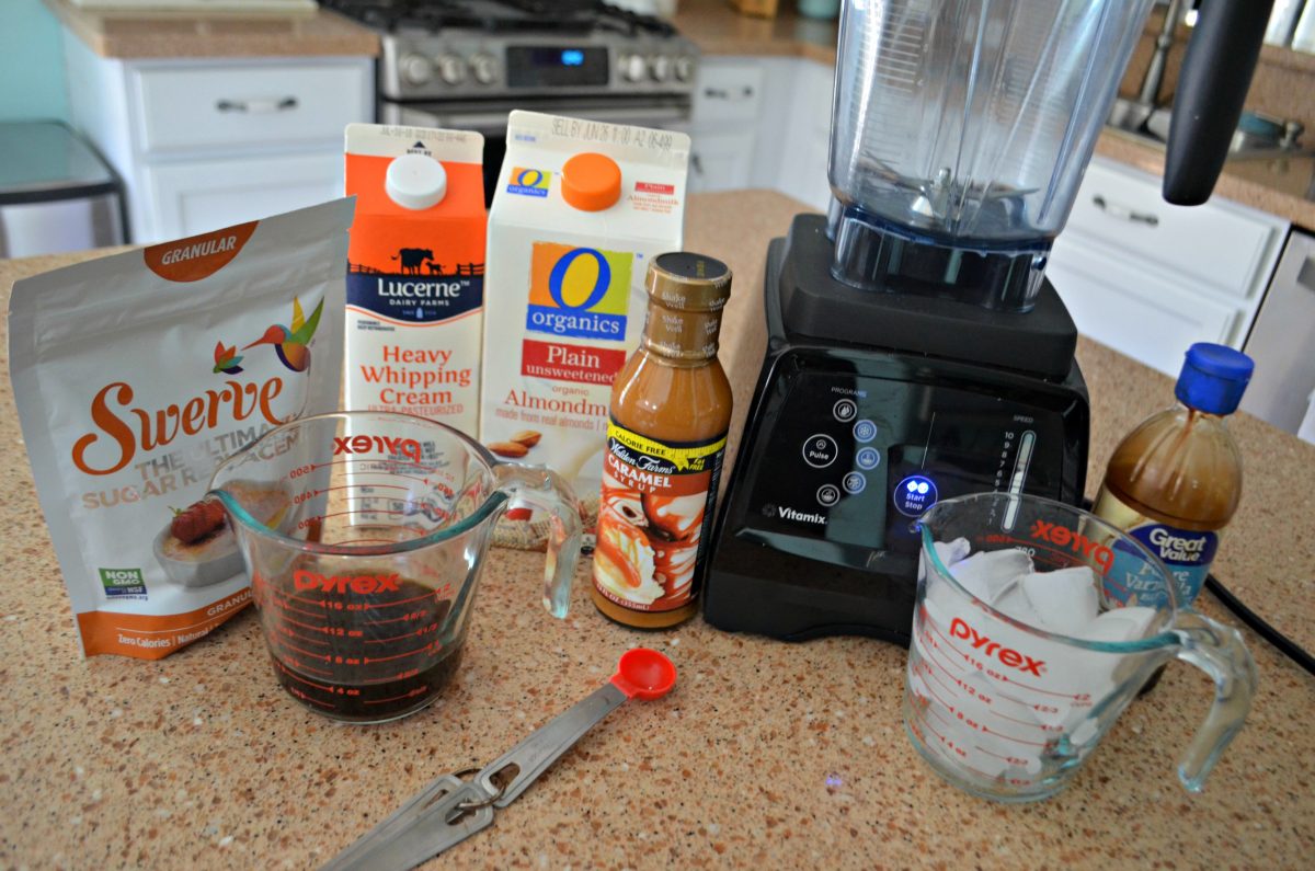  Keto Starbucks Vanilla Caramel Frappuccino recipe – in the blender – ingredients on the counter