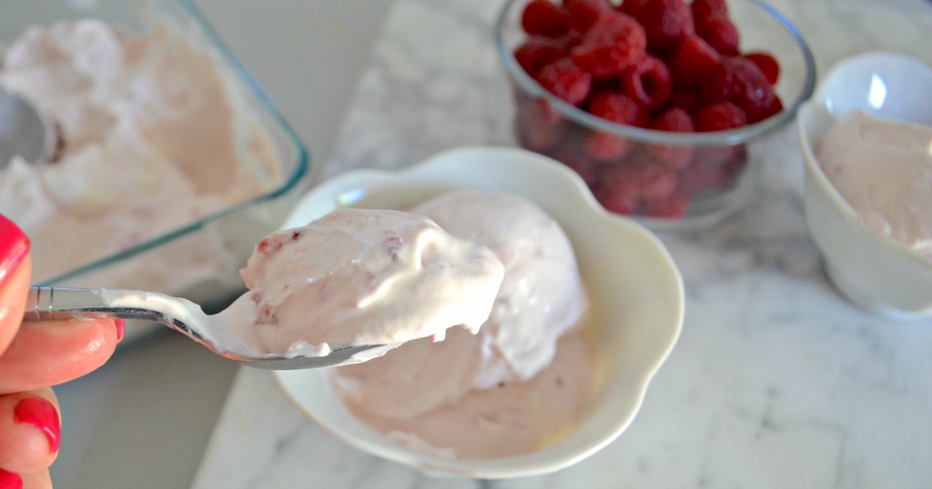 keto raspberry ice cream on spoon