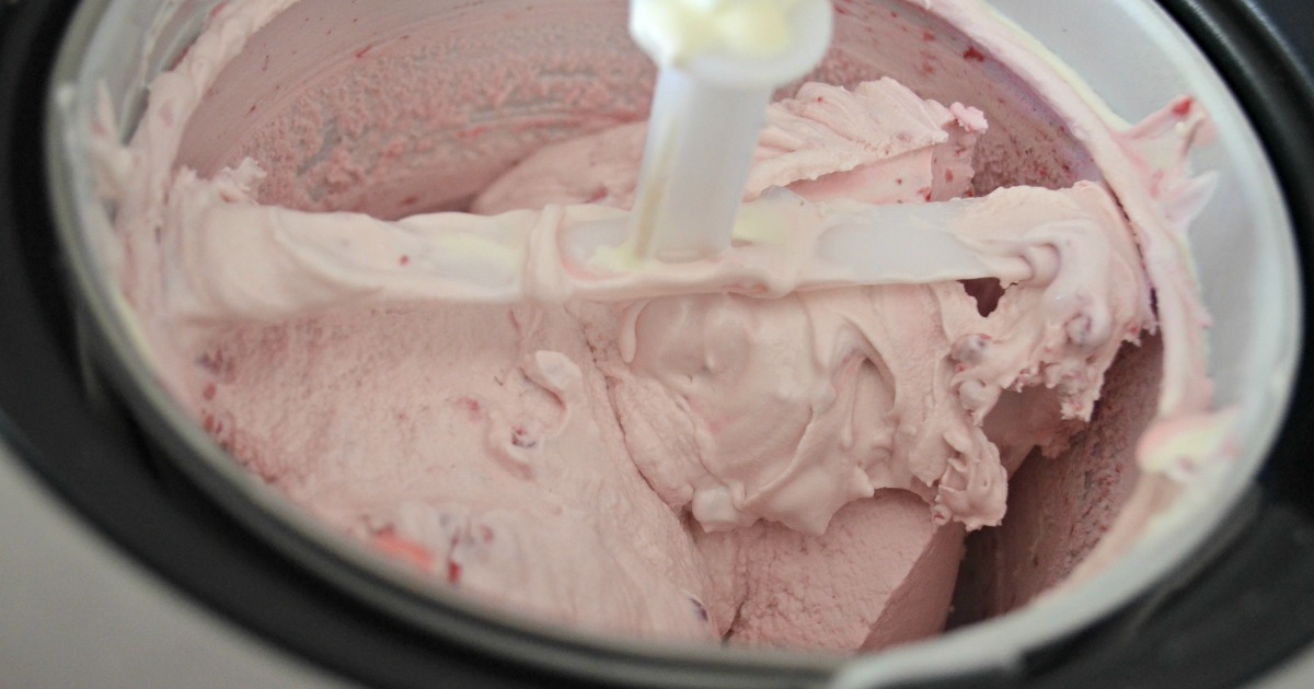 raspberry cheesecake keto ice cream in the ice cream maker