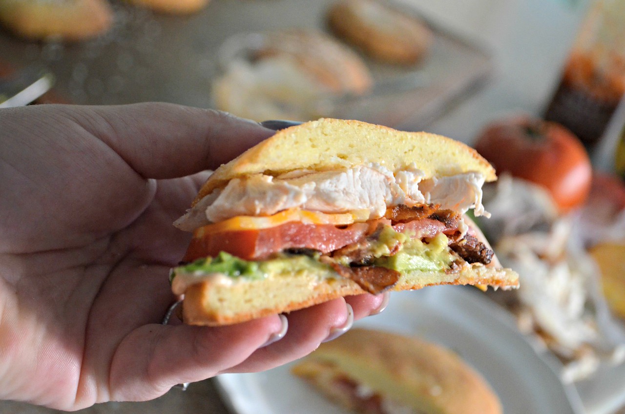 chicken bacon avocado sandwich on a keto roll – Closeup of the sandwich
