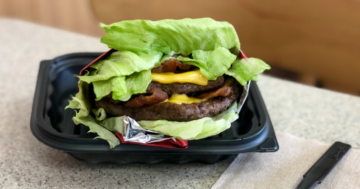 Wendy's Baconator without the bun on a lettuce wrap