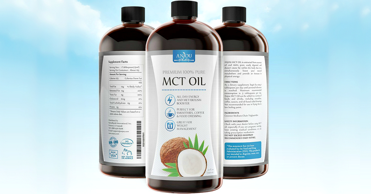 Amazon deal anjou premium mct oil is perfect for the keto diet. Bottles of MCT oil.