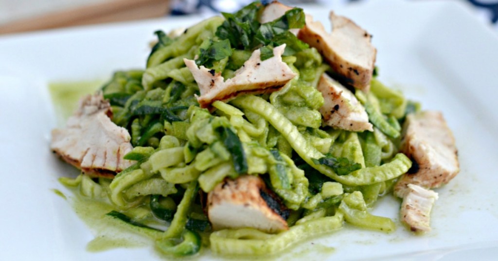 plate of keto pesto chicken with zucchini noodles