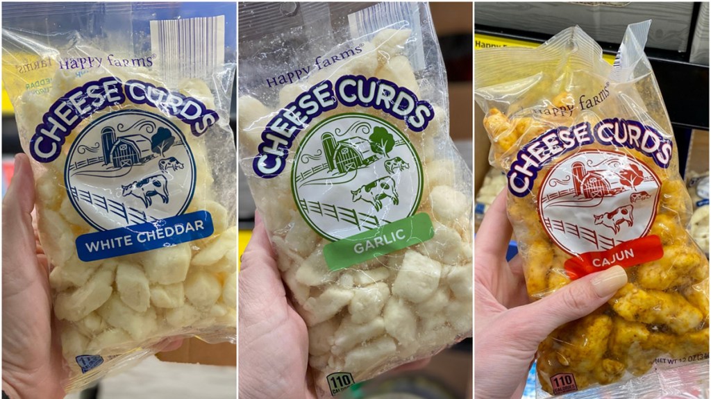 Hand holding backs of Aldi Happy Farms Cheese Curds