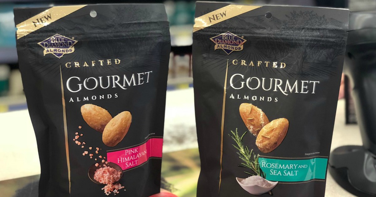 two bags of Blue Diamond gourmet almonds on counter 