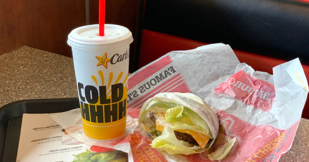 Carl's Jr. lettuce-wrapped cheeseburger with soda 