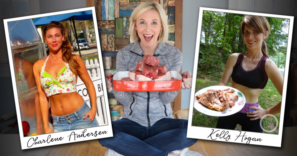 woman in the center with plate of meat and two snapshots of women on carnivore diet on the sides