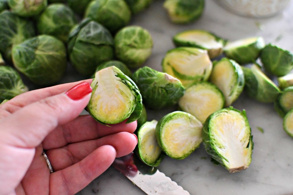 cutting brussels sprouts in half