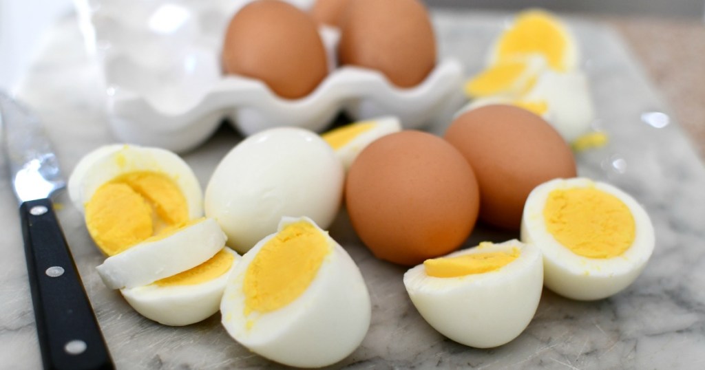 hard-boiled eggs on a cutting board