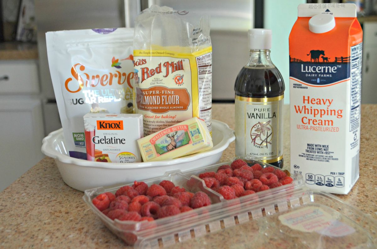 keto raspberry cream pie – ingredients on the counter