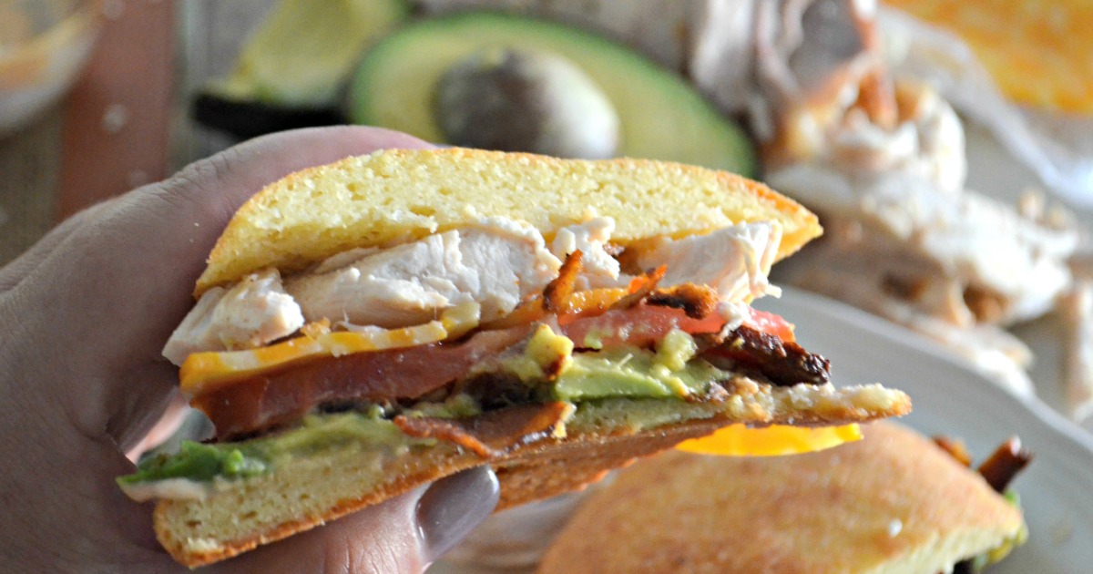 avocado chicken salad sandwich keto roll – closeup of the sandwich