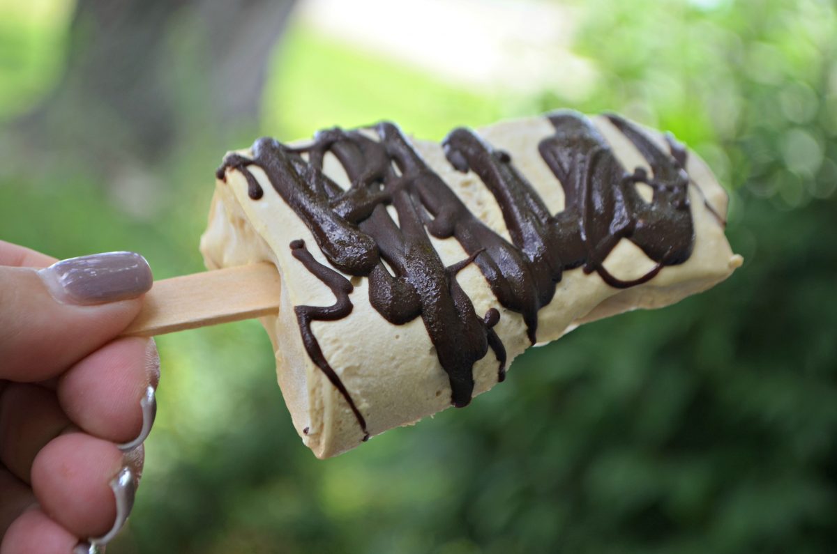 Chocolate Almond Butter Popsicles – closeup of the popsicle on a stick