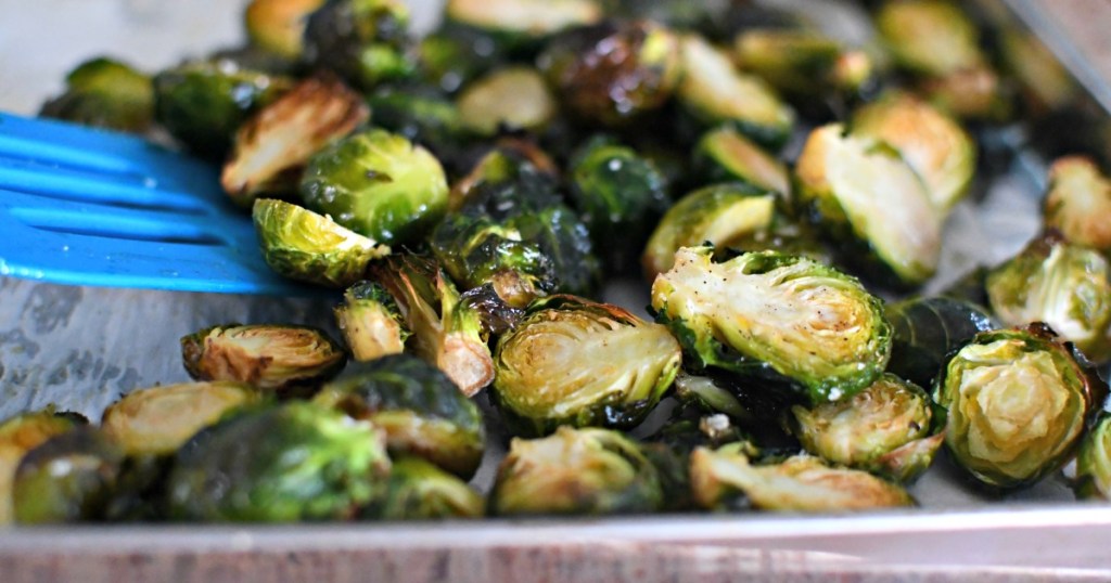 roasted brussels sprouts on a sheet pan