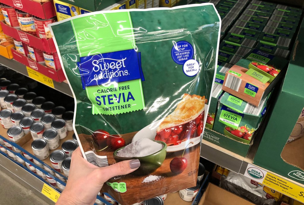 best keto finds at aldi - hand holding bag of stevia sweetener