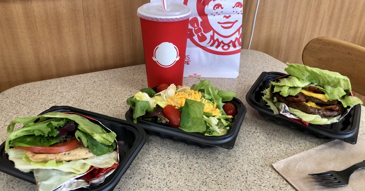 wendys keto dining guide – chicken sandwich, side salad, and a baconator